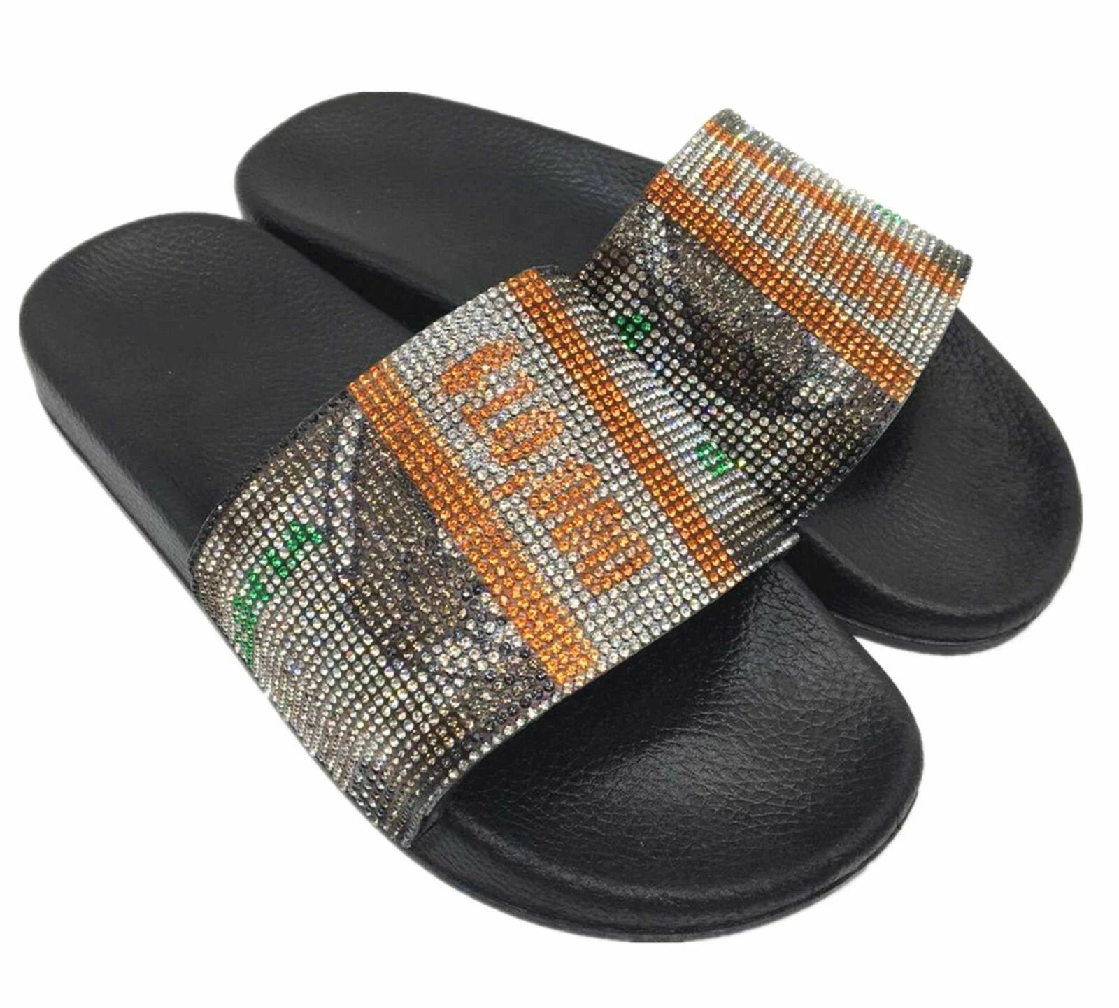 Money Print Rhinestone Slides, Summer Statement Sandals, Bands 10k Bling Slides