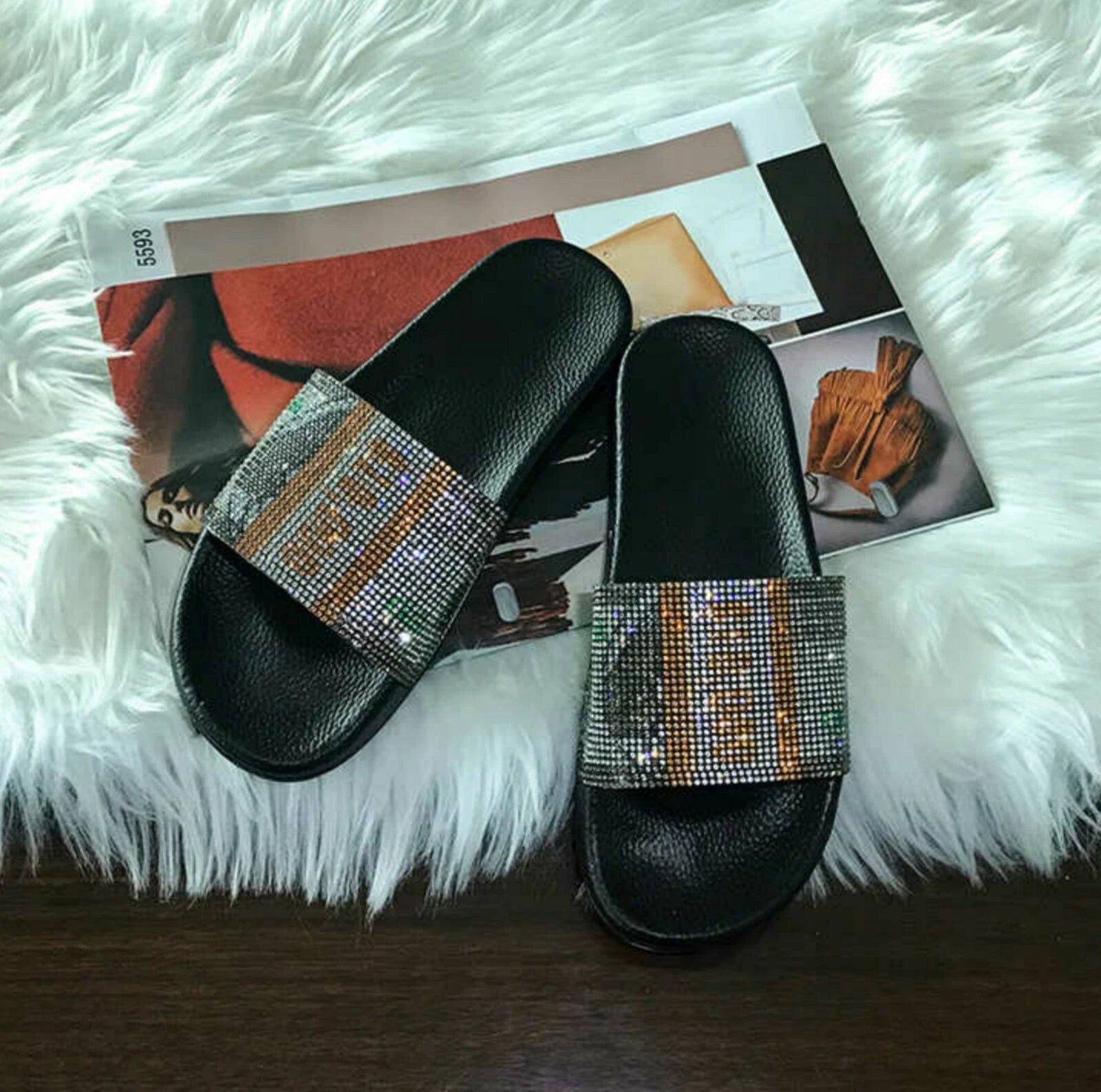 Money Print Rhinestone Slides, Summer Statement Sandals, Bands 10k Bling Slides