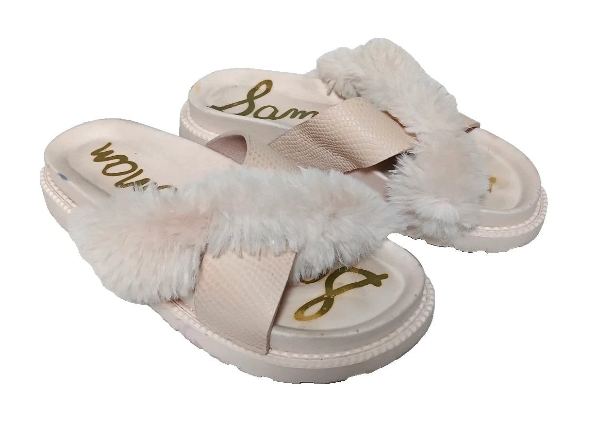 Sam Edelman Fuzzy Slide Sandals Women's Size 6 Pink Leather Faux Fur Open Toe