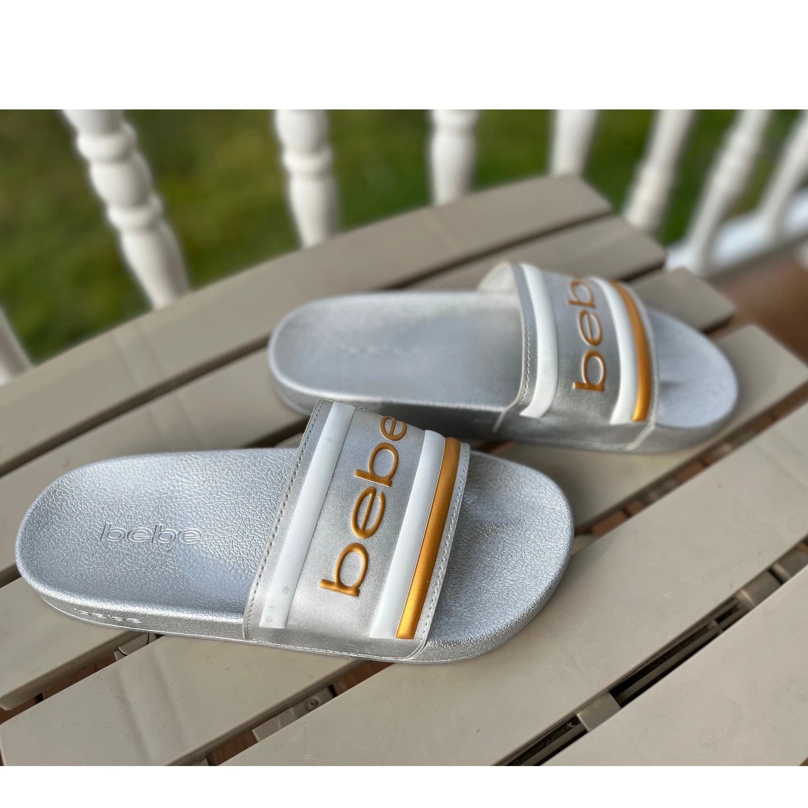 Bebe Silver Slides Sandals Women's Casual Slip On Logo Comfort Size 8 NWOT