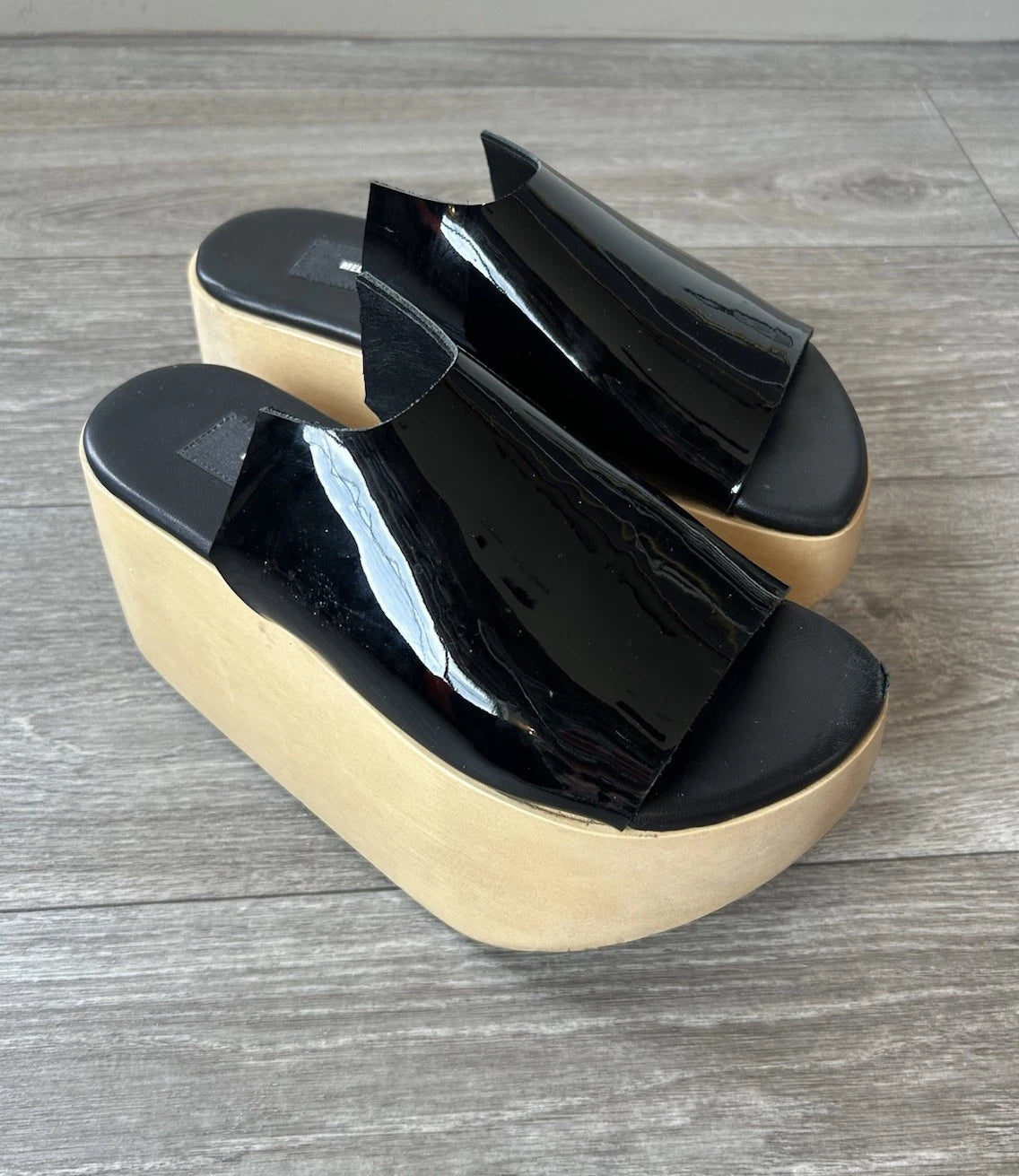 MELITTA BAUMEISTER Wood Platform Patent Leather Slide Sandals Designer Shoes 7