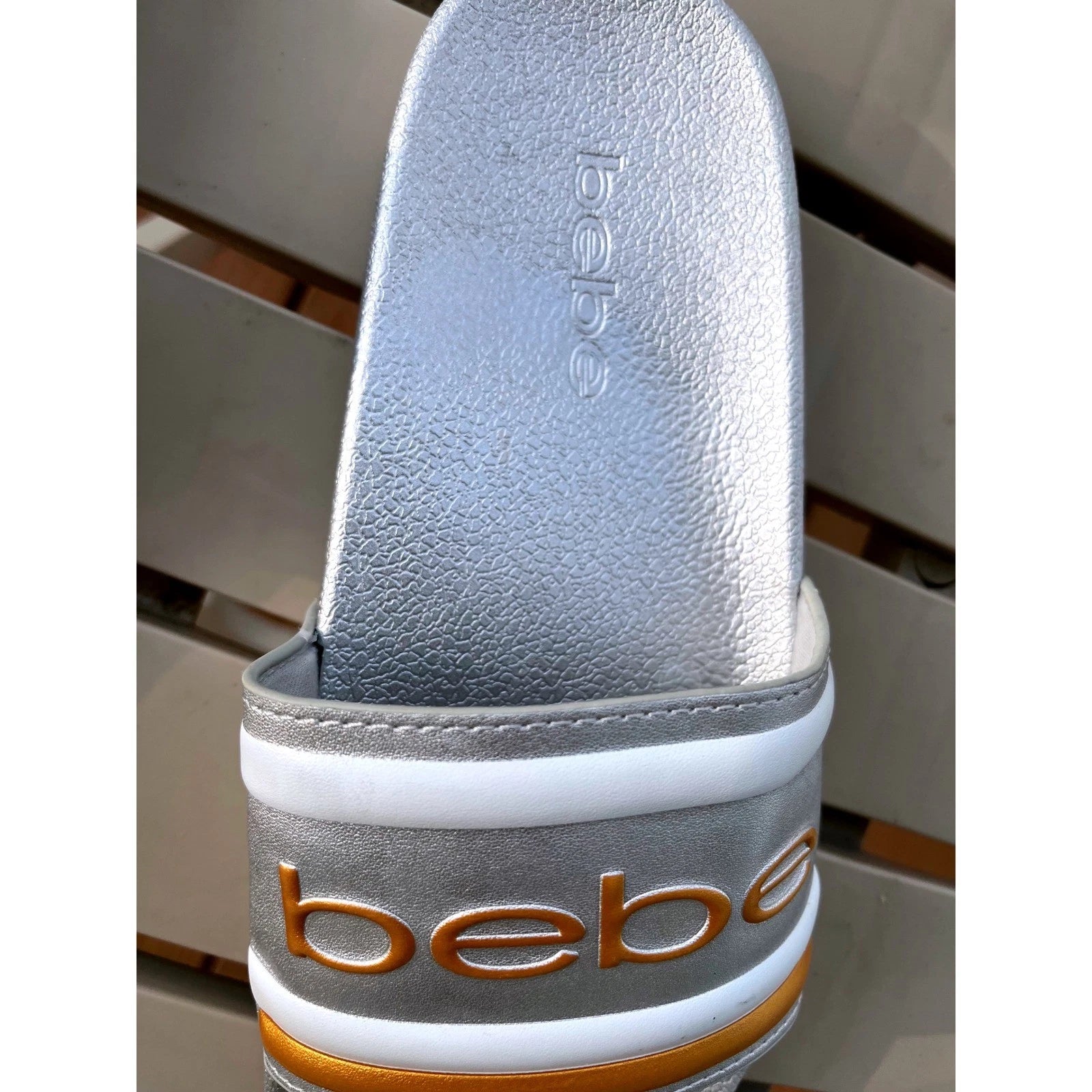 Bebe Silver Slides Sandals Women's Casual Slip On Logo Comfort Size 8 NWOT