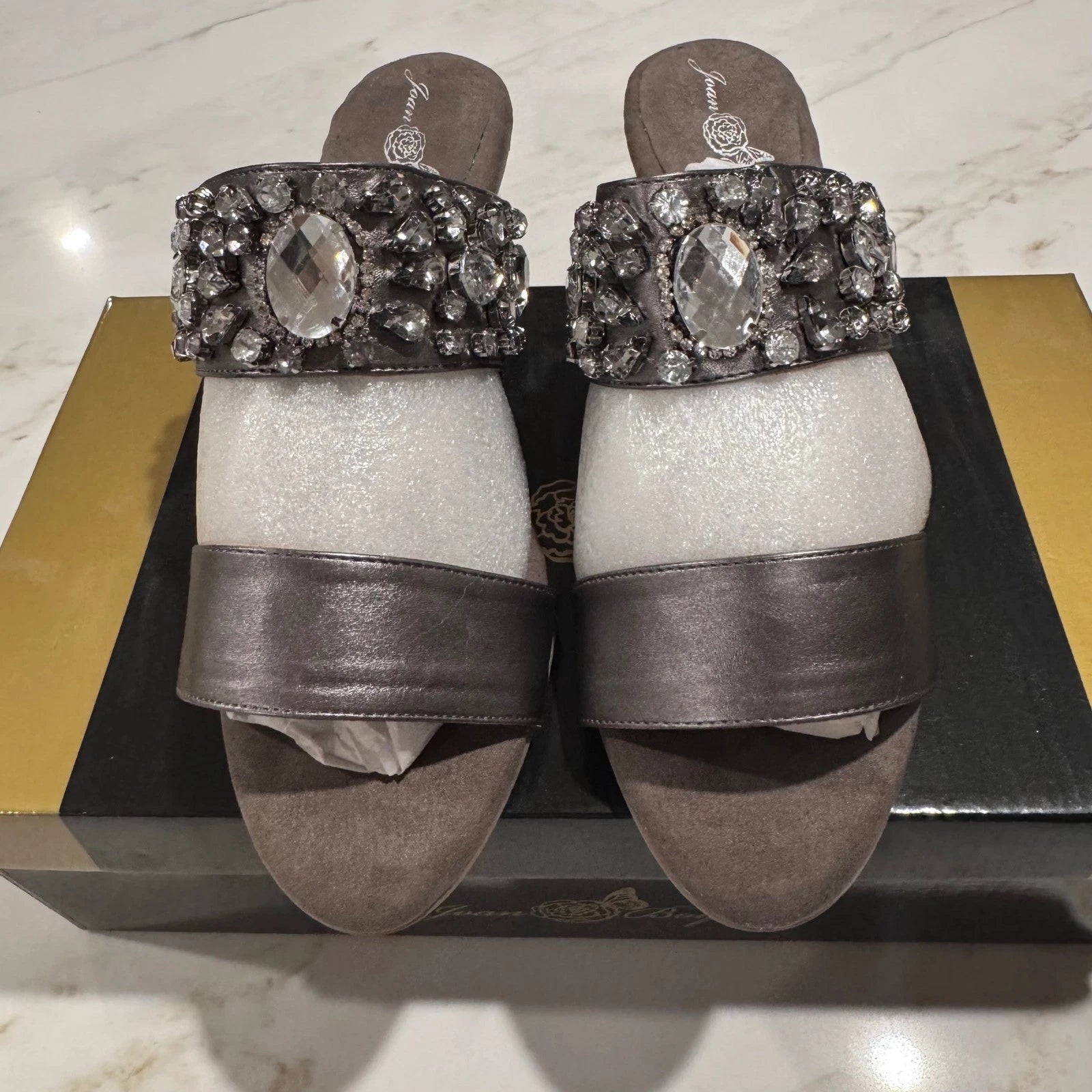 Joan Boyce Embellished Wedge Sandals Slides Women's 7W Rhinestone Glam