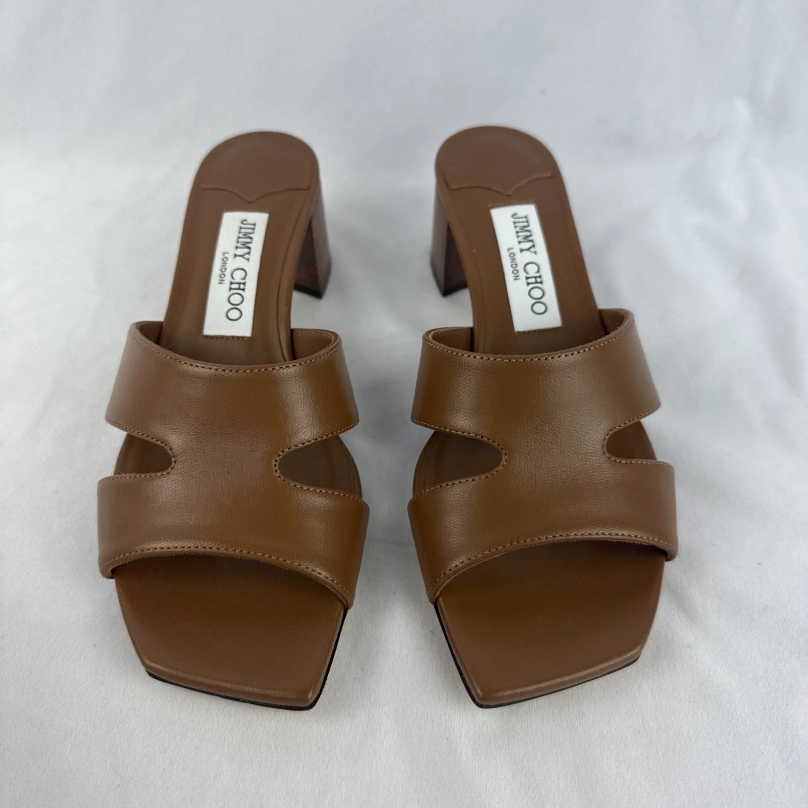 Jimmy Choo Allison Mule 45 Leather Heel Slide Camel Brown Tan Sz 36.5 6.5
