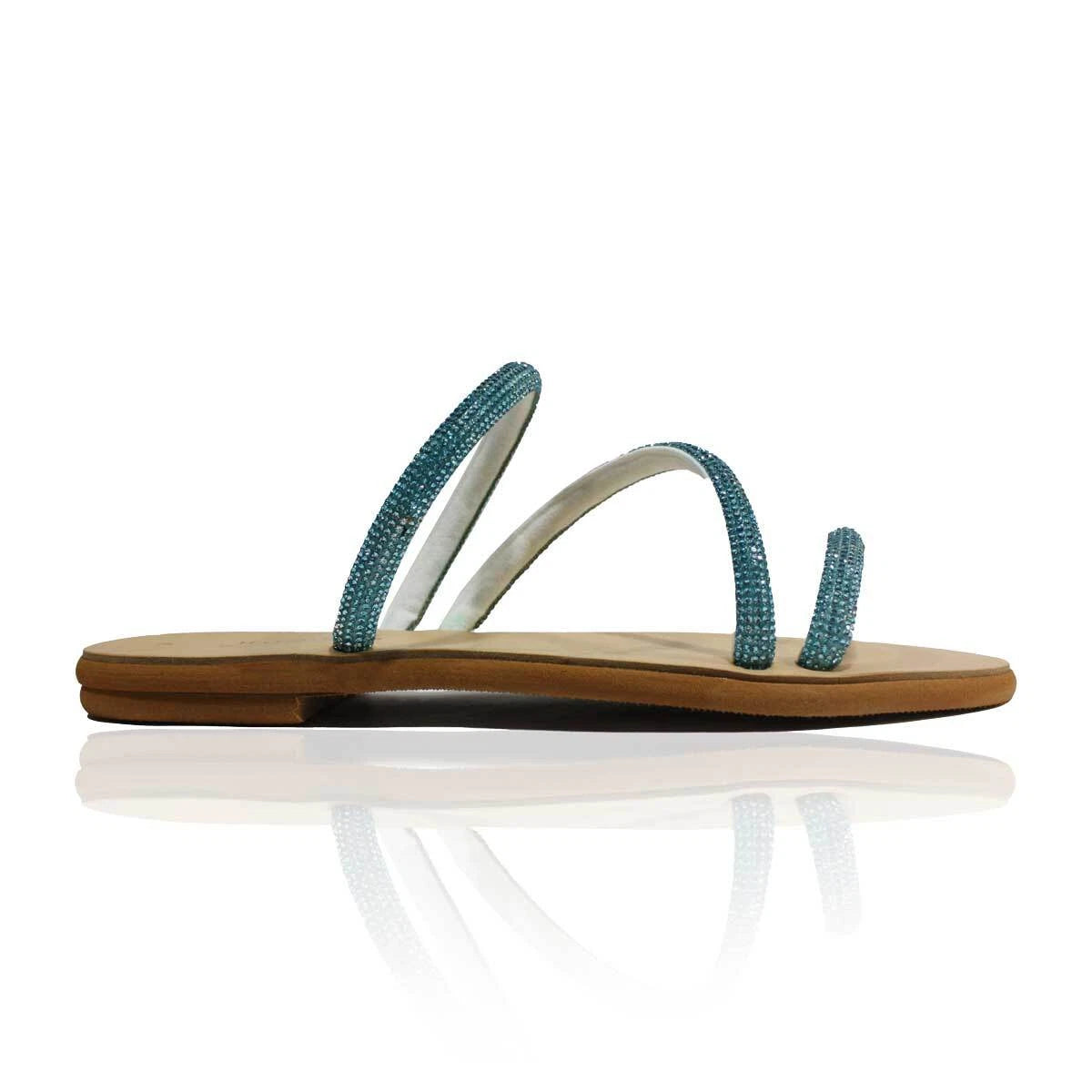 Ancient Greek style turquoise strappy slides  sandals with rhinestones handmade