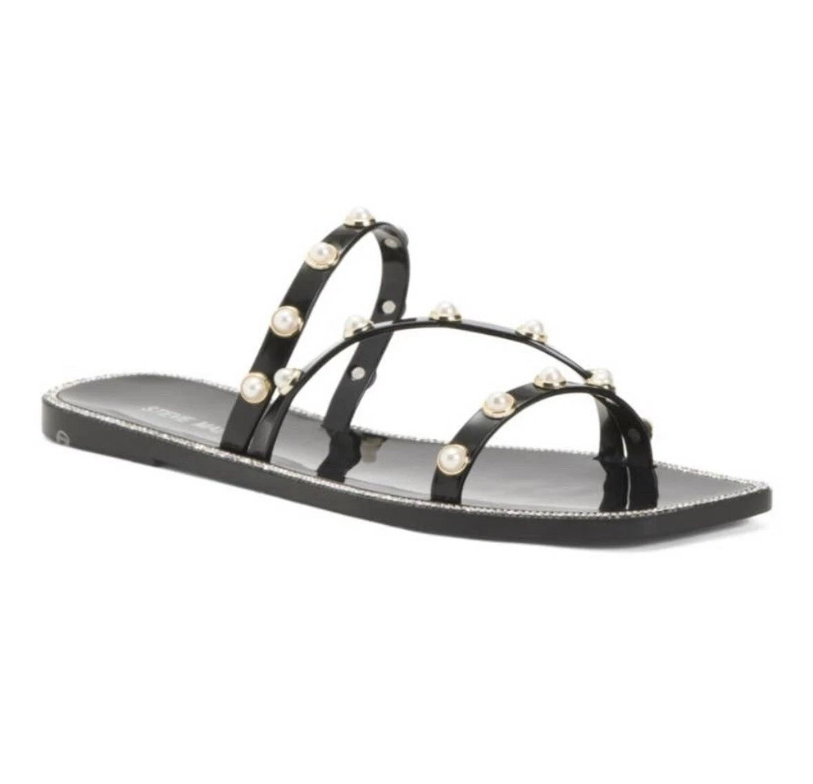 Steve Madden Nonii Womens Sz 10 Jelly Pearl Bling Rhinestone Slide Sandals Black