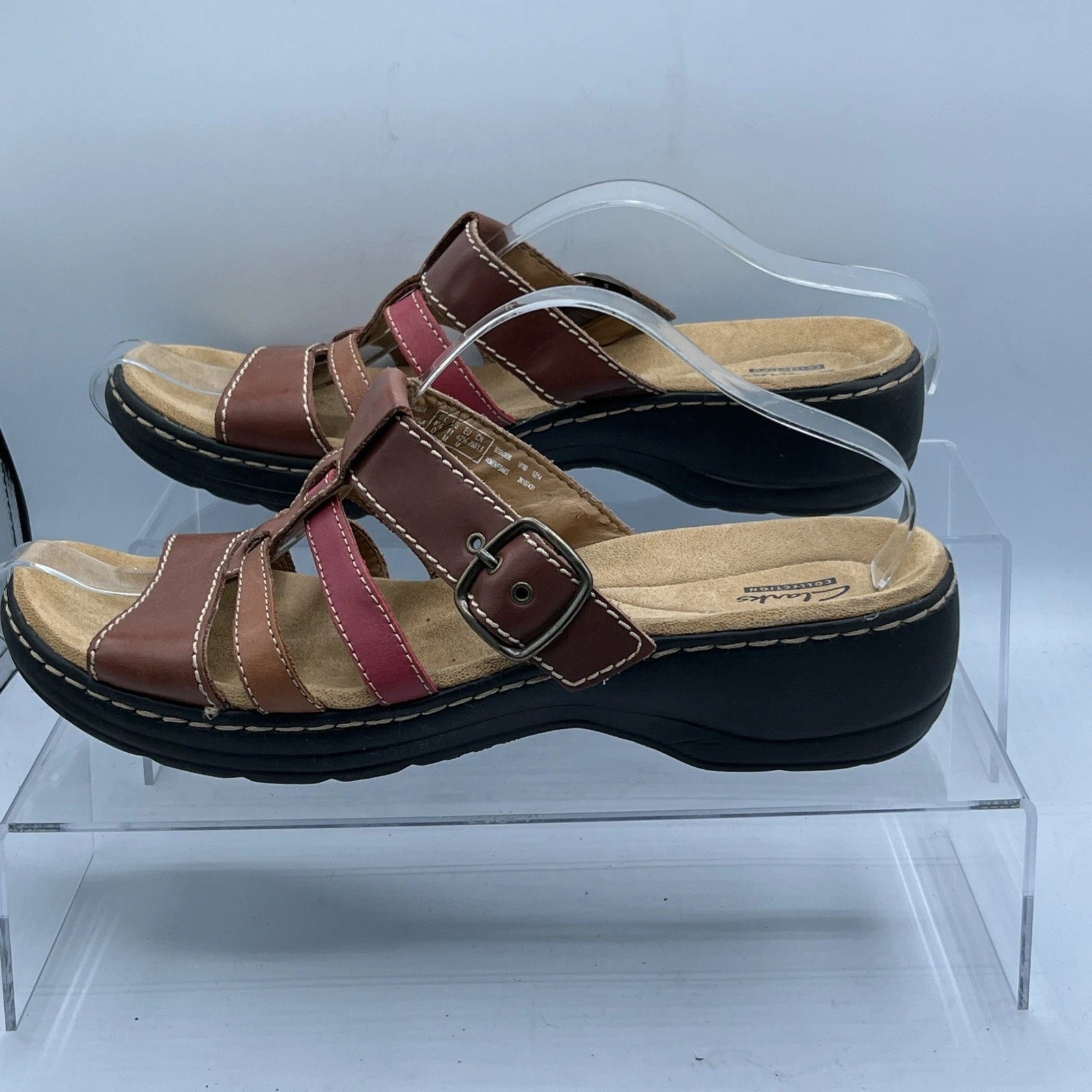 Clarks Leather Strappy Buckle Sandals Brown Red Women’s 11 Comfort Boho Style