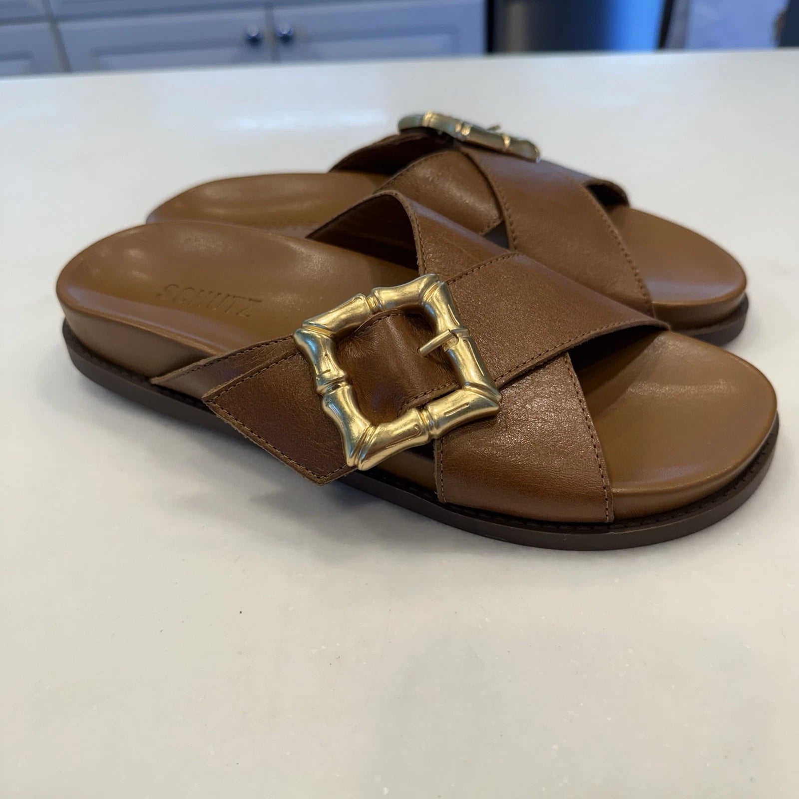 SCHUTZ Enola Crisscross Buckle CAMEL Leather Sandals Slides Women's 7 NEW!
