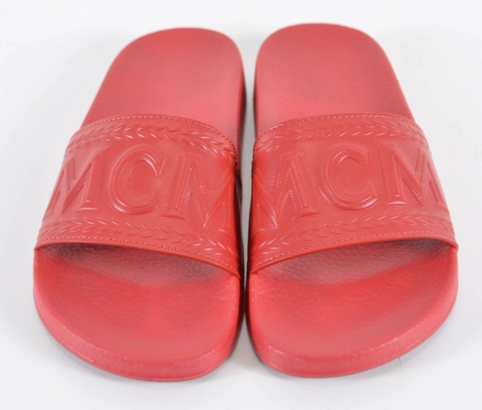 New MCM Women's Red Rubber Embossed Logo Pool Slides Sandals Shoes 36 6