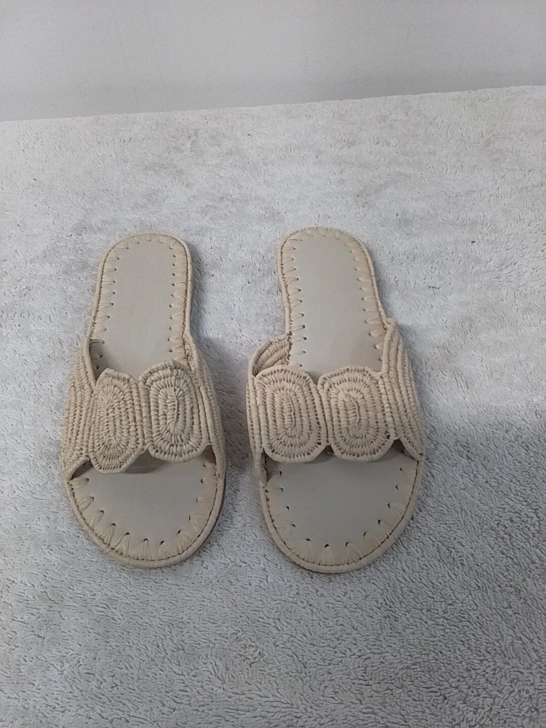 Size 8 Women's Designer Dupe Raffia Beige Open Toe Slip On Slides Sandals