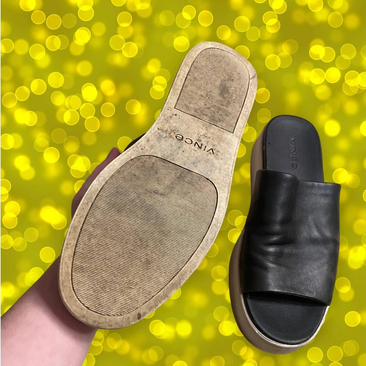 vince. Black Leather Platform Y2K-Style Slide Sandals Size 6