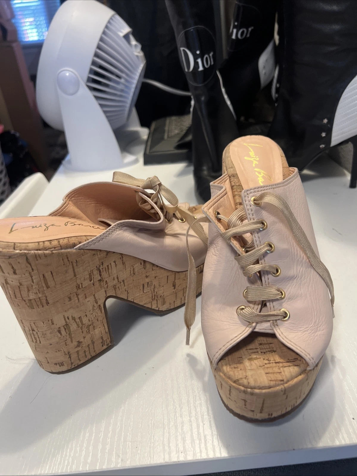 Luiza Barcelos 40 Platform Leather Mules Open Toe Slide Sandal Pink Leather Gold