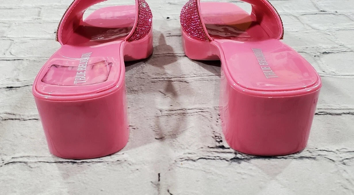 True Religion Bling Silver Pink Stoned Sandals Block Heels WOMENS SIZE 10