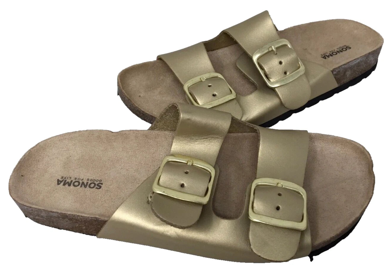 Sonoma Women's Artwork Double Buckle Leather Slide Sandals Gold Size:7 201E