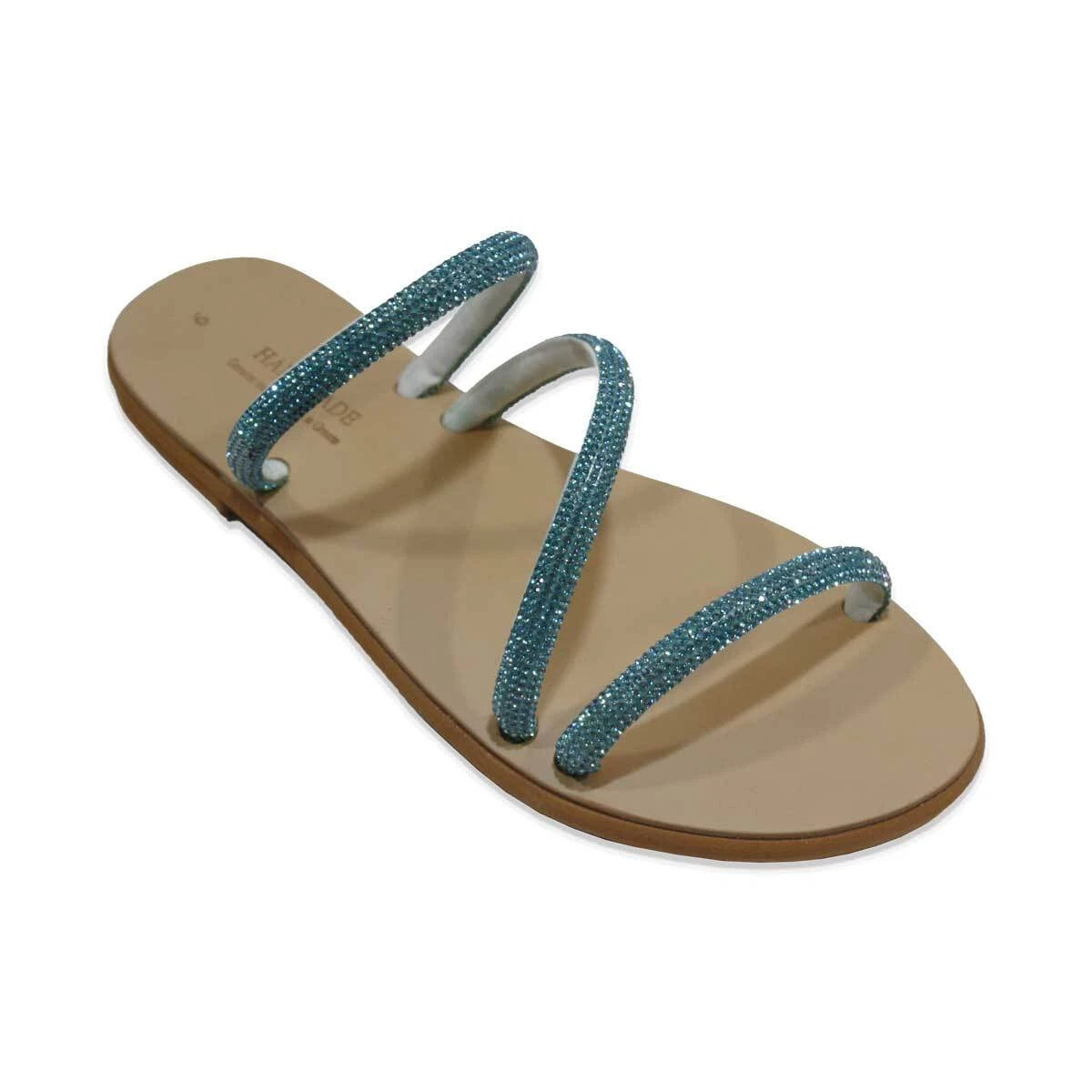 Ancient Greek style turquoise strappy slides  sandals with rhinestones handmade