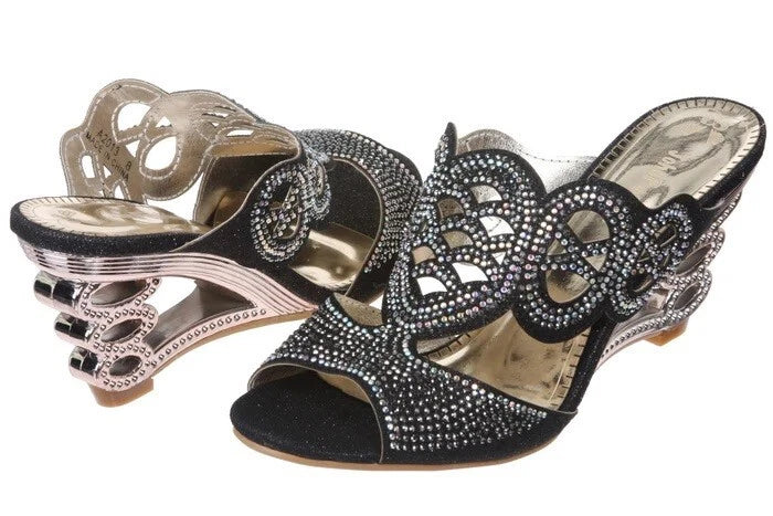 JOHN FASHION Black Rhinestone Perforated Slide Sandal Women's Size 8