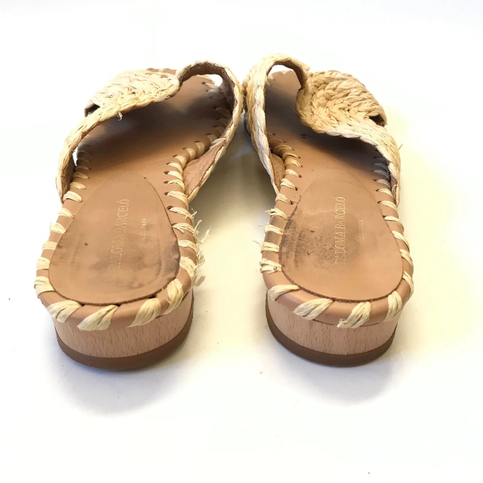 Paloma Barcelo Raffia Sandals Slide Womens 39 9 Natural Open Toe Slip On Leather