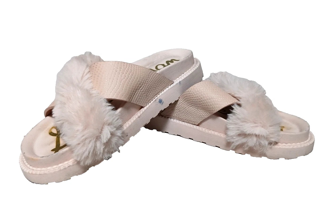 Sam Edelman Fuzzy Slide Sandals Women's Size 6 Pink Leather Faux Fur Open Toe