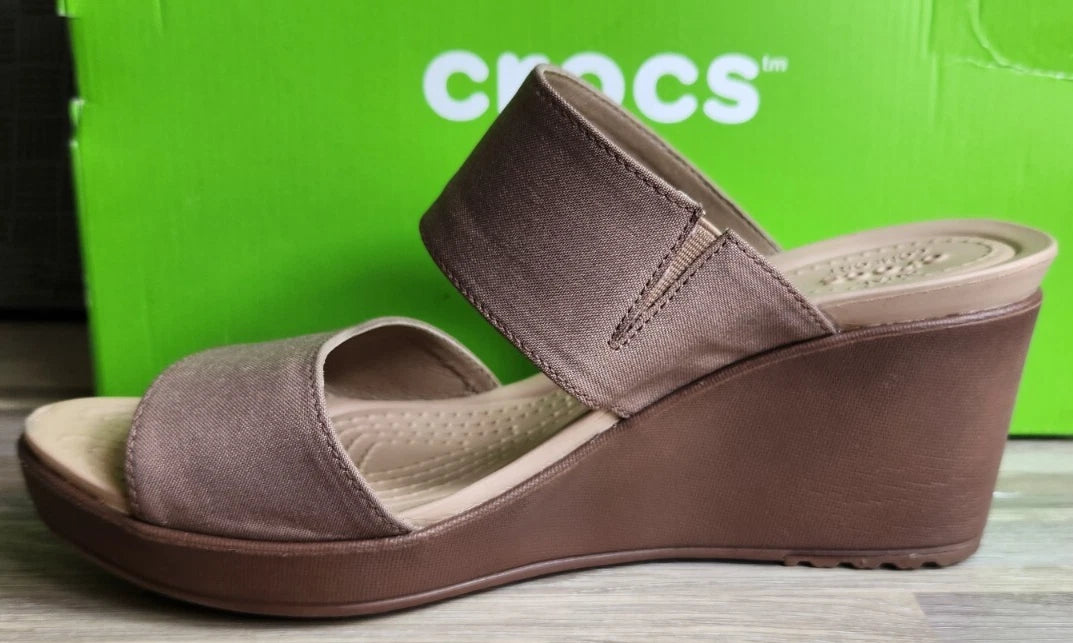 Crocs Leigh 2 Strap Wedge Sandals 11w Bronze Dual Comfort Women's Fashion Shoes