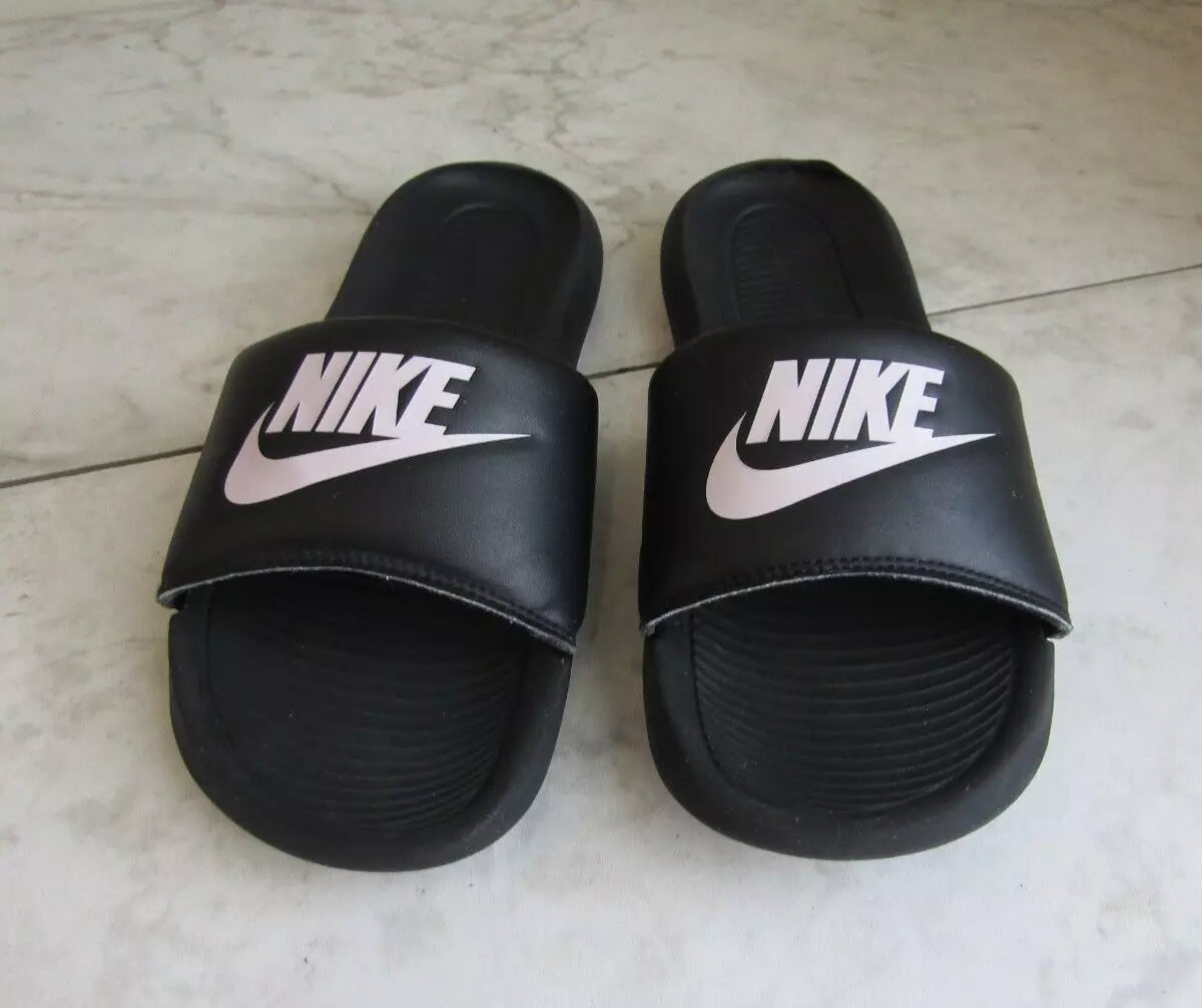 NIKE Swoosh Black/White Logo Wide Strap Slides Sandal Shoes Women's Size 7 EU 38