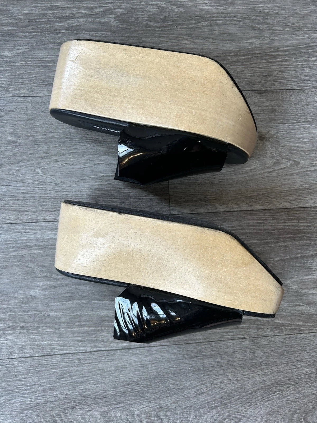MELITTA BAUMEISTER Wood Platform Patent Leather Slide Sandals Designer Shoes 7