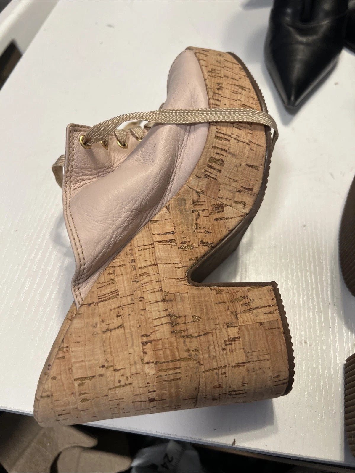 Luiza Barcelos 40 Platform Leather Mules Open Toe Slide Sandal Pink Leather Gold