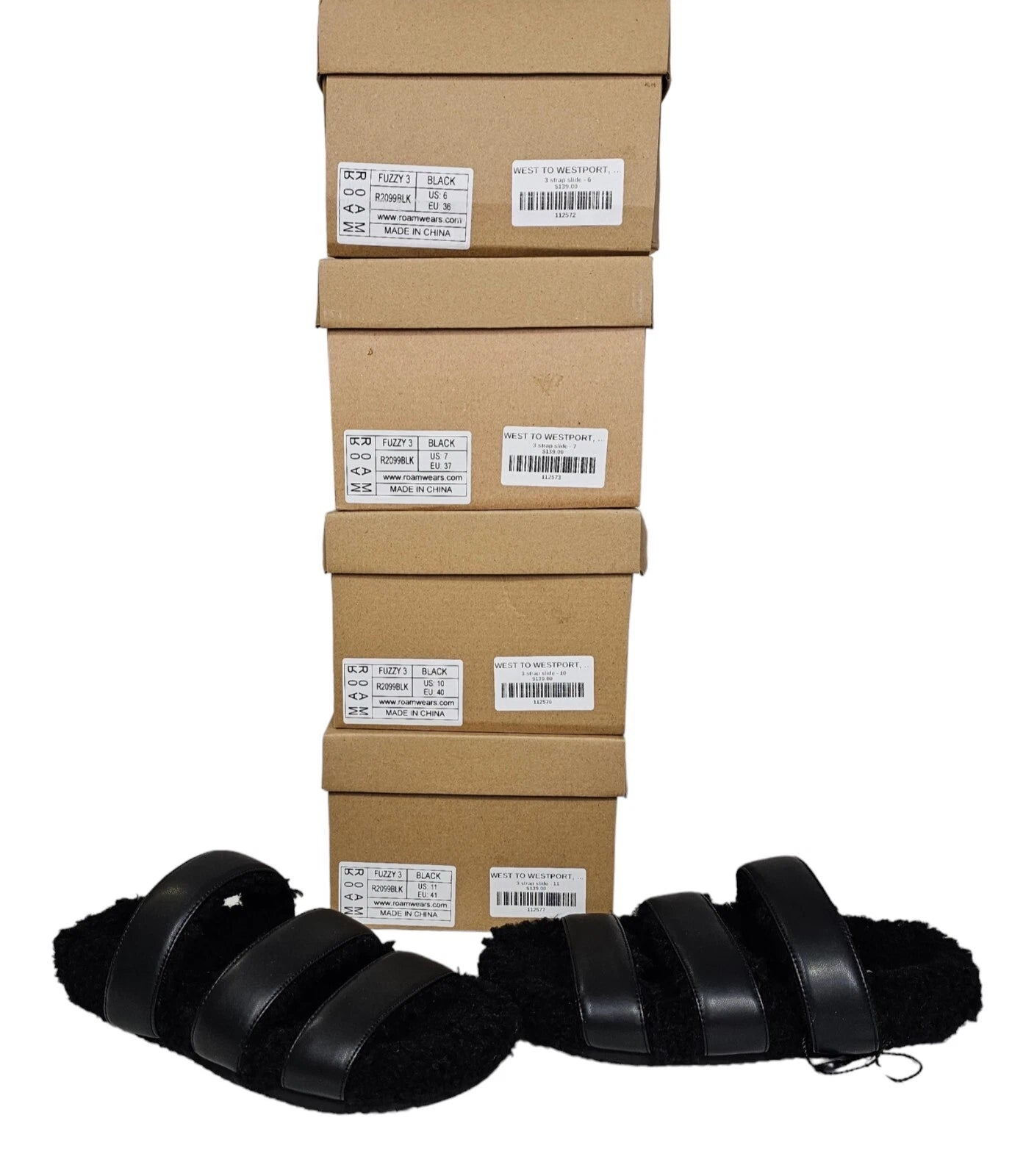 ROAM NIB $139 Black 3 Strap Faux Leather Fuzzy Slide Sandals Sz 6