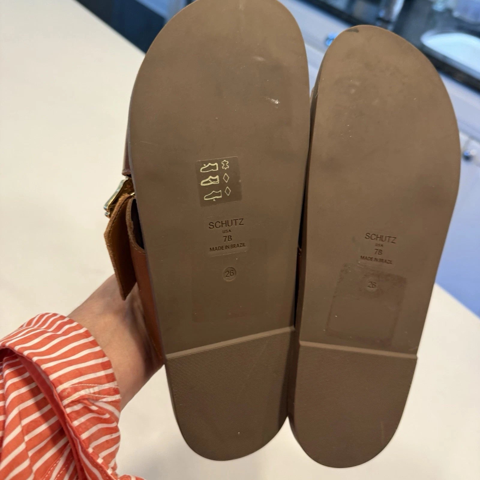 SCHUTZ Enola Crisscross Buckle CAMEL Leather Sandals Slides Women's 7 NEW!