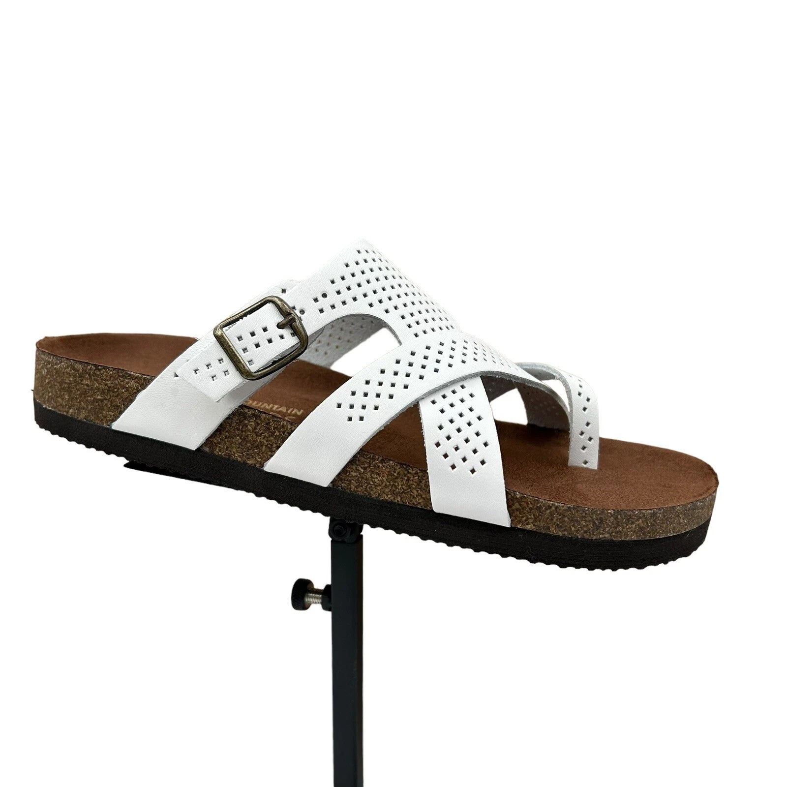White Mountain Women's Leather Slide Sandals Size 9 White/Brown Toe Loop Style