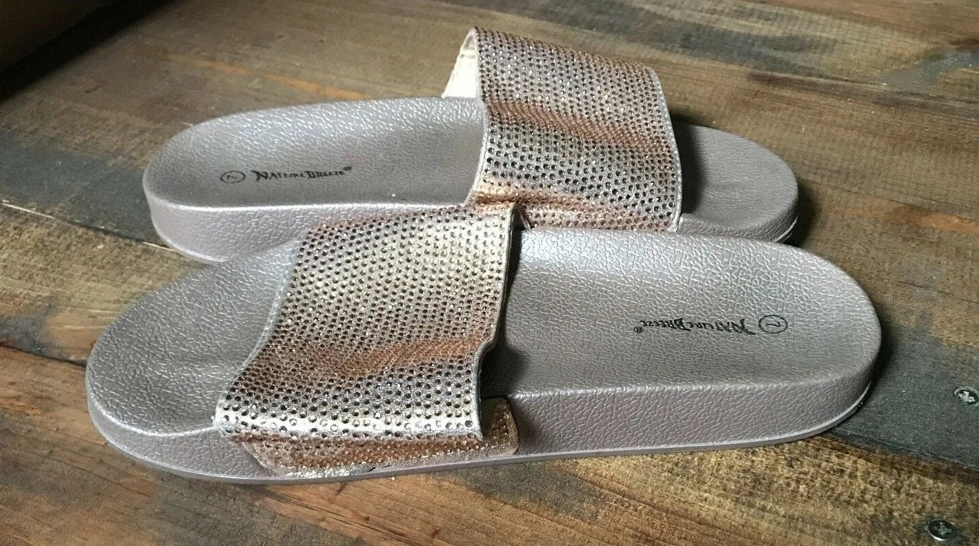 Nature Breeze Women's Sandals-Shoes-Size 7-Gold-Flat-Rhinestones-Fashion Slides