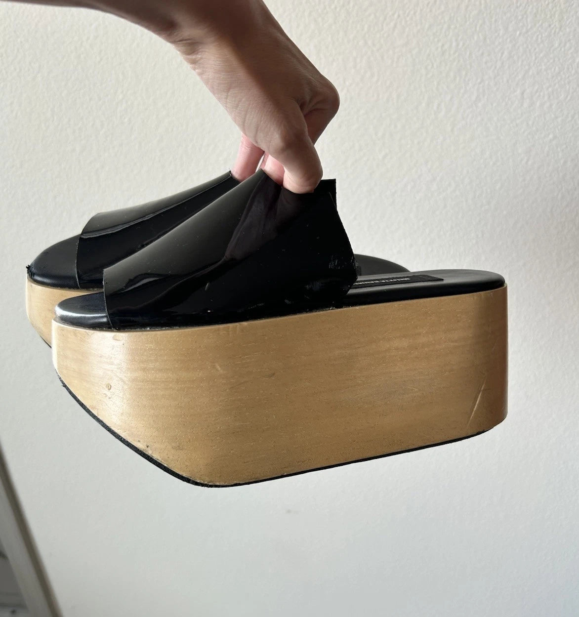 MELITTA BAUMEISTER Wood Platform Patent Leather Slide Sandals Designer Shoes 7