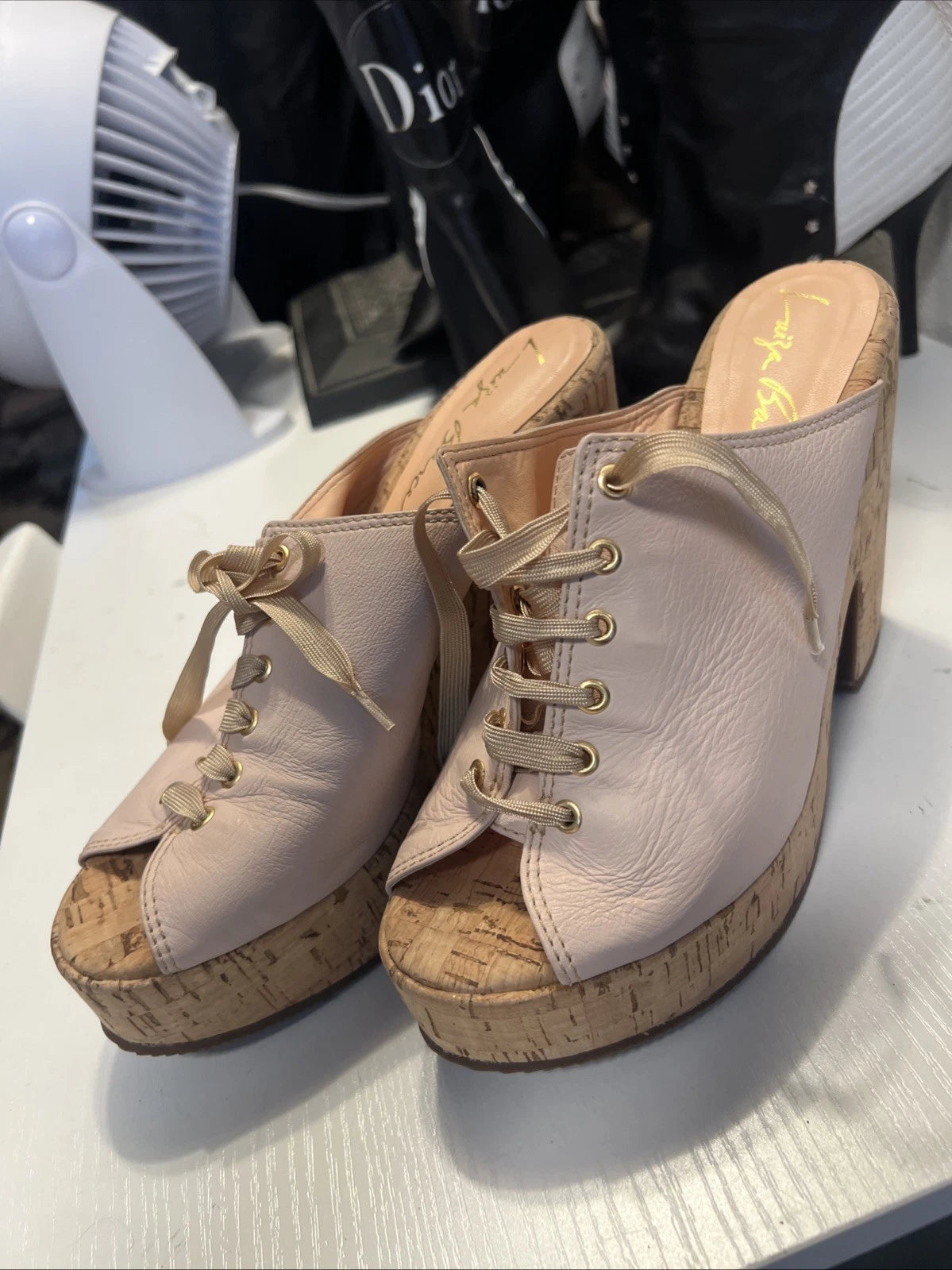 Luiza Barcelos 40 Platform Leather Mules Open Toe Slide Sandal Pink Leather Gold