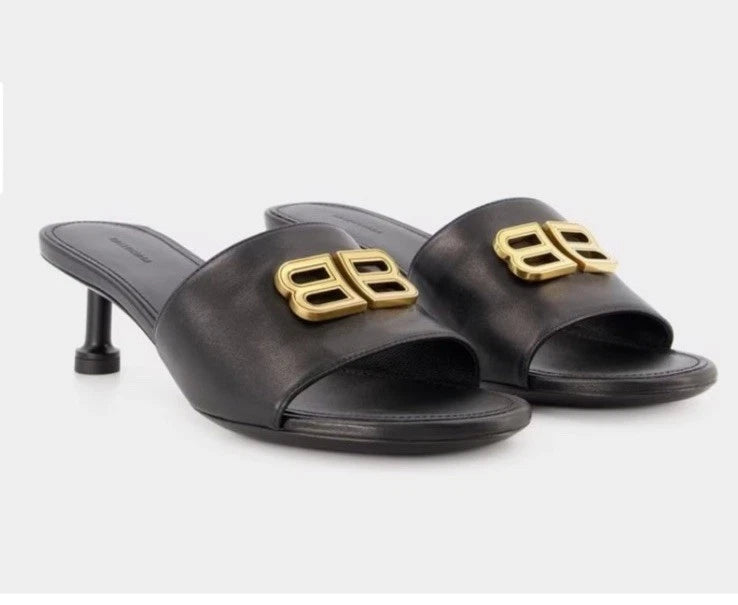BALENCIAGA Groupie BB Logo Black Slide Sandal Shoes Heels Size 39.5 US 9.5