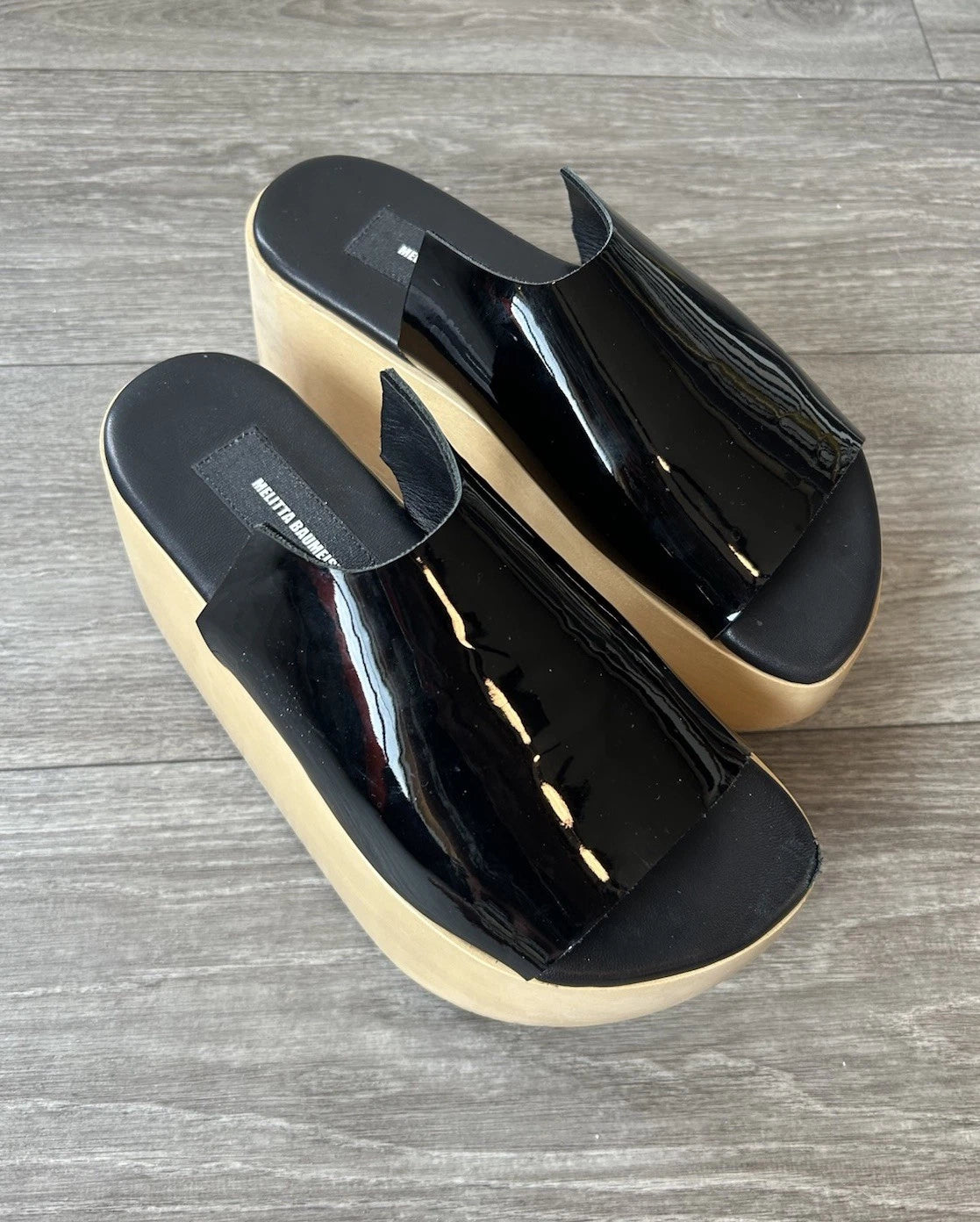 MELITTA BAUMEISTER Wood Platform Patent Leather Slide Sandals Designer Shoes 7