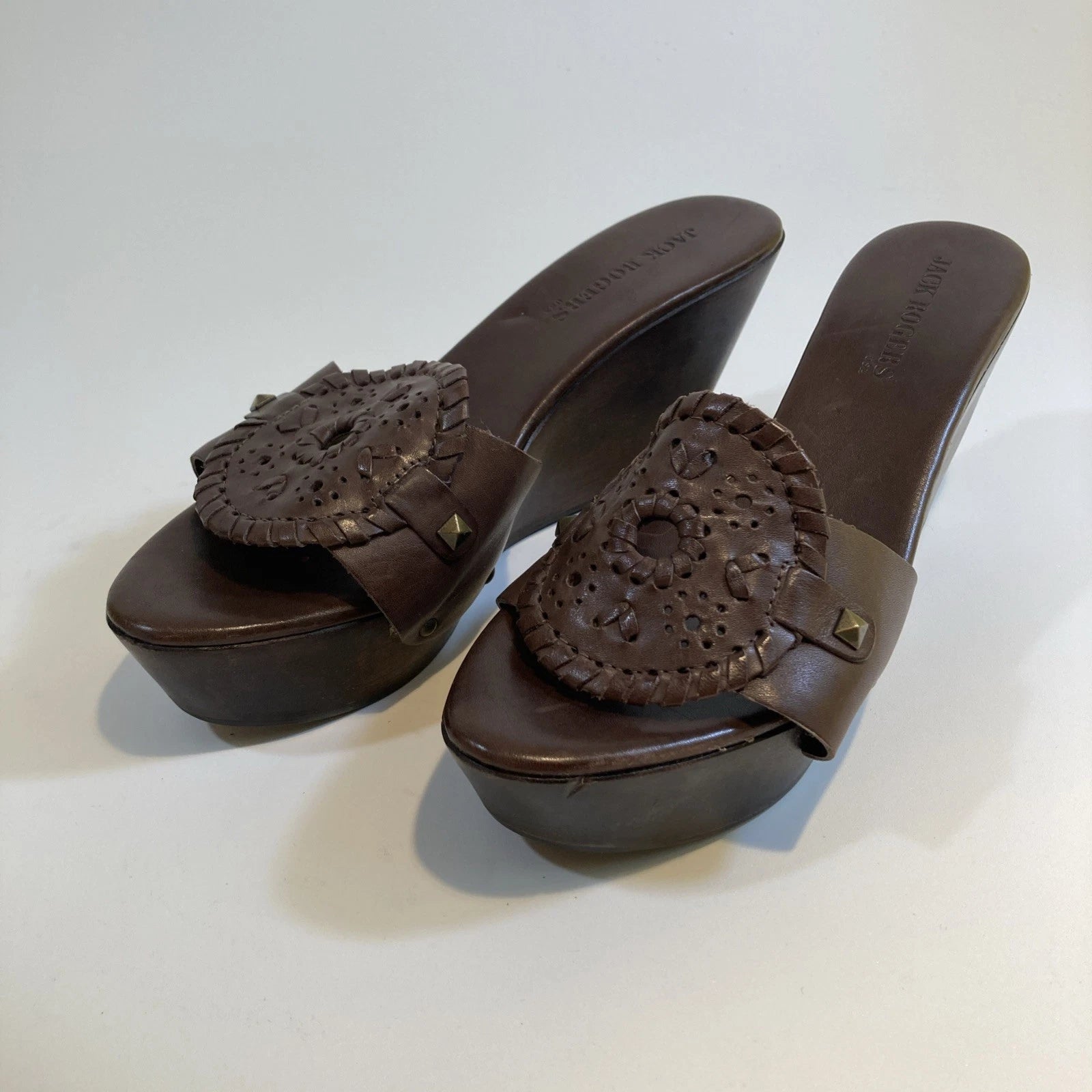 Jack Roger Brown Leather Wood Wedge Sandals Size 10M