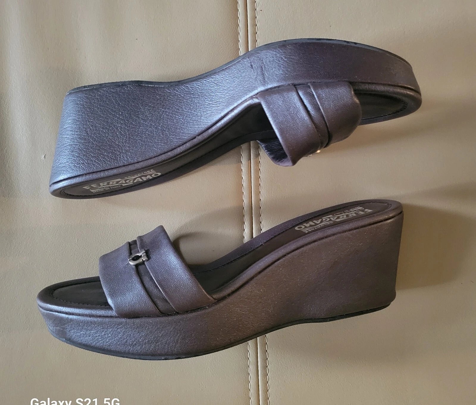 Ferragamo Mules Slides Mid Wedge Gunmetal Silver Leather Women Sandals US 8.5