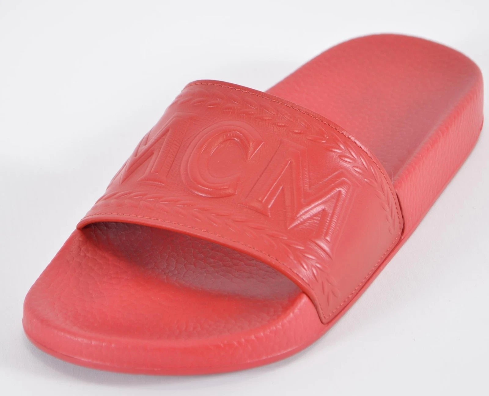 New MCM Women's Red Rubber Embossed Logo Pool Slides Sandals Shoes 36 6
