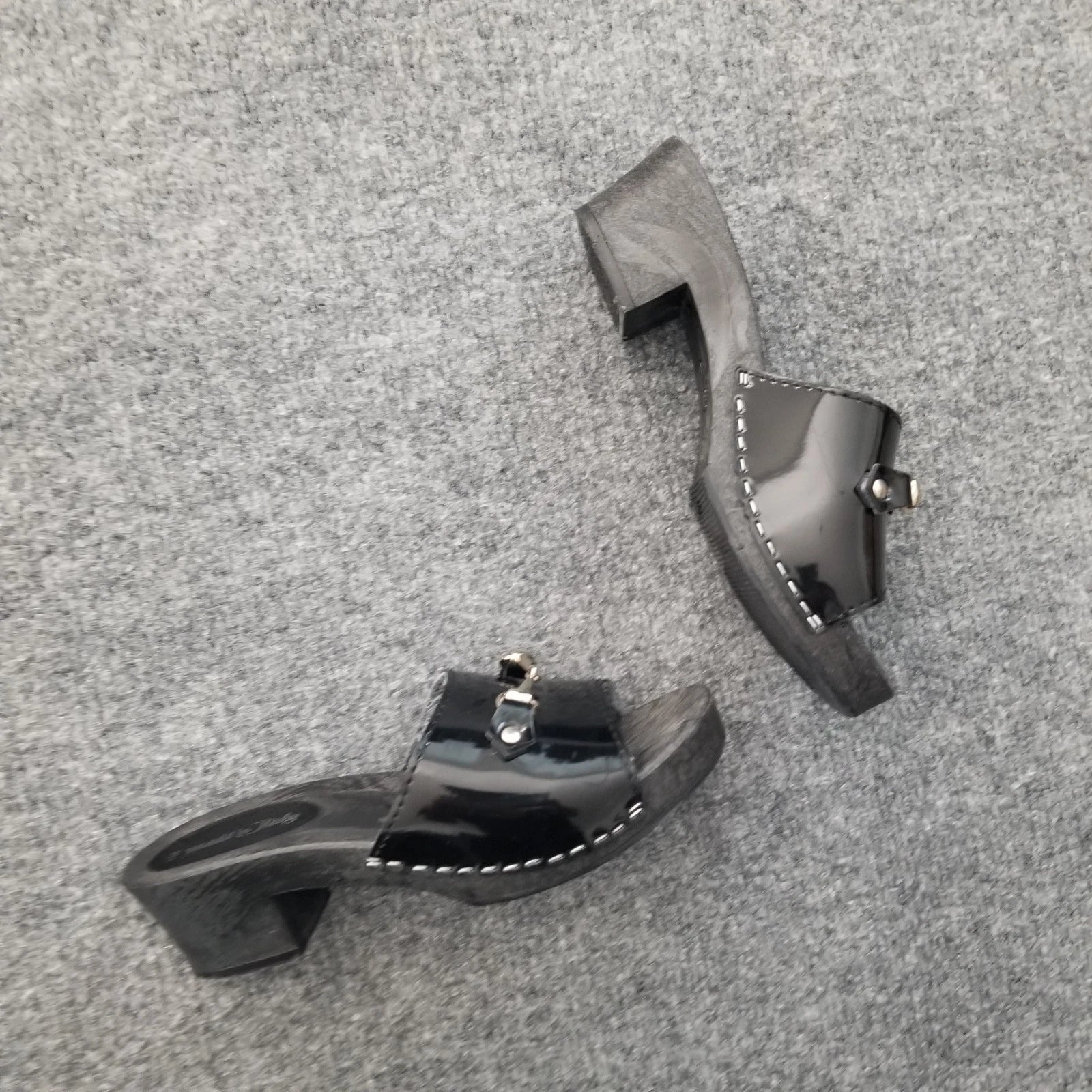 Made in Italy Women Clogs Size US 6M Black Open Toe Wooden Look w Silver Buckle*