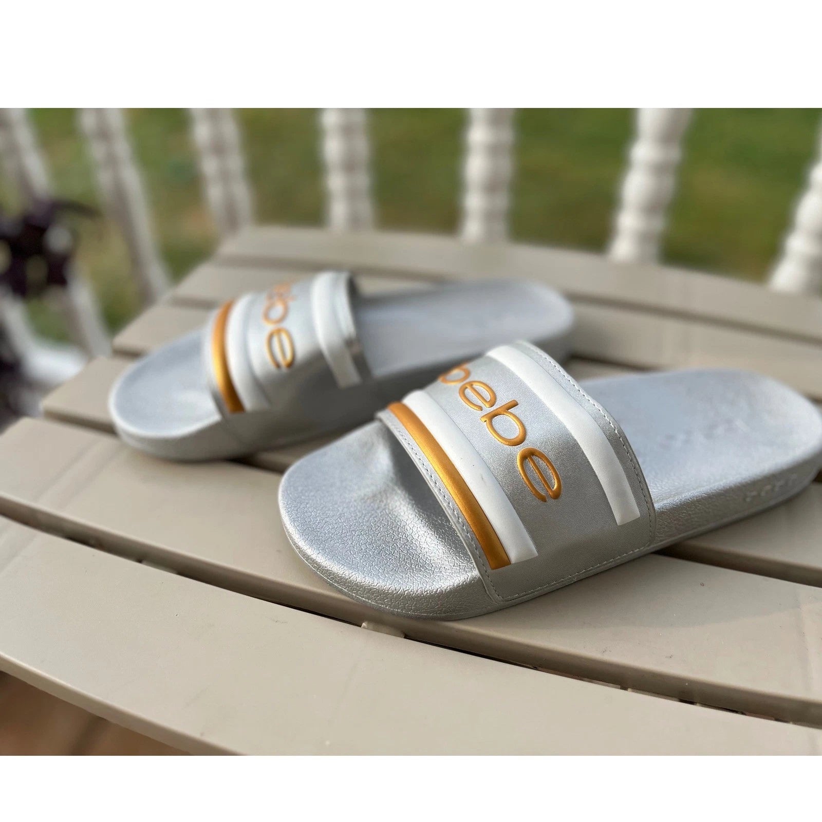 Bebe Silver Slides Sandals Women's Casual Slip On Logo Comfort Size 8 NWOT