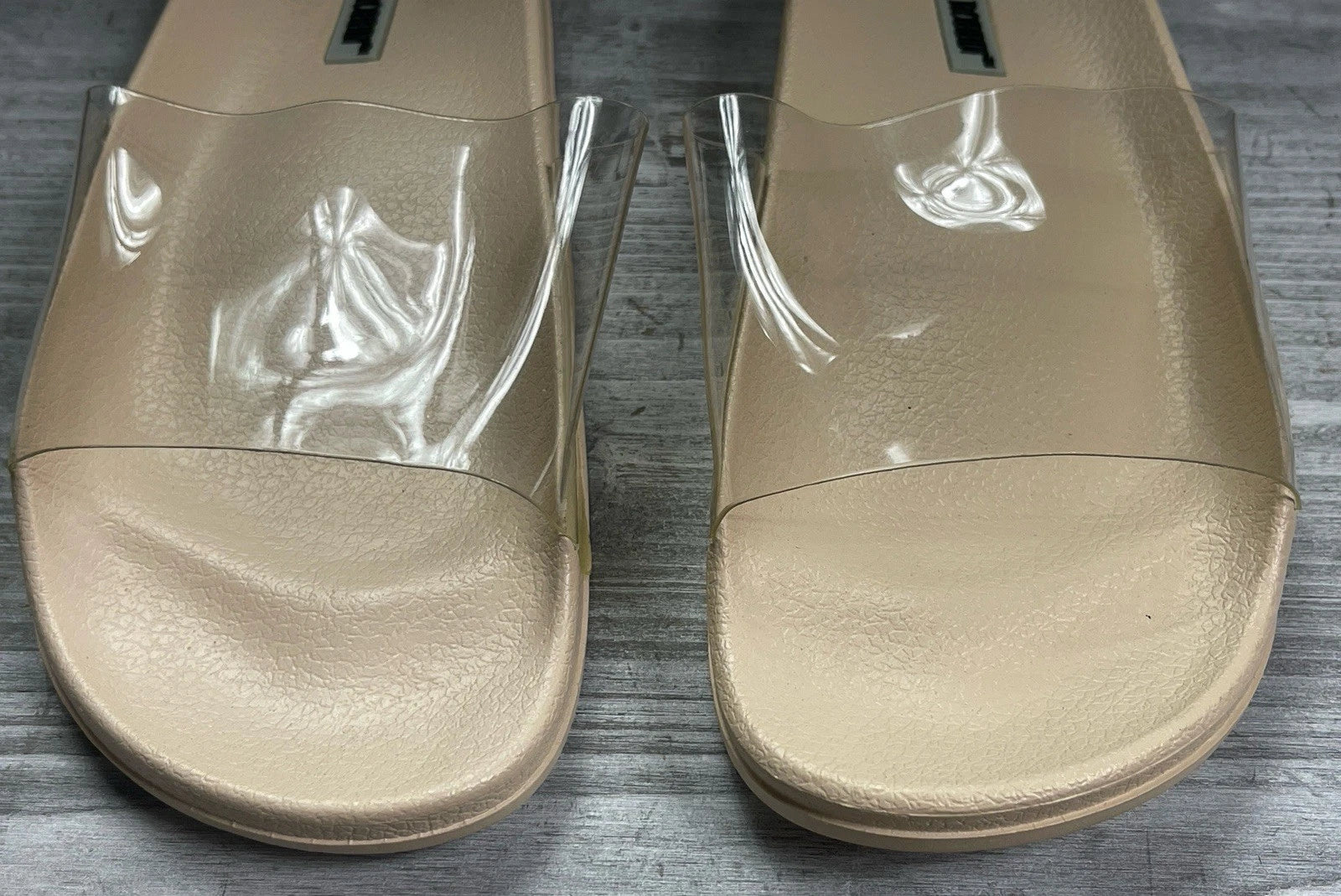 Cape Robbin Clear & Tan Strap Slides Sandals Beach Slip On Flats Mules - Size 7