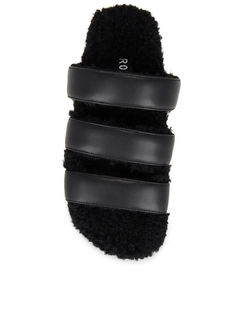ROAM NIB $139 Black 3 Strap Faux Leather Fuzzy Slide Sandals Sz 6