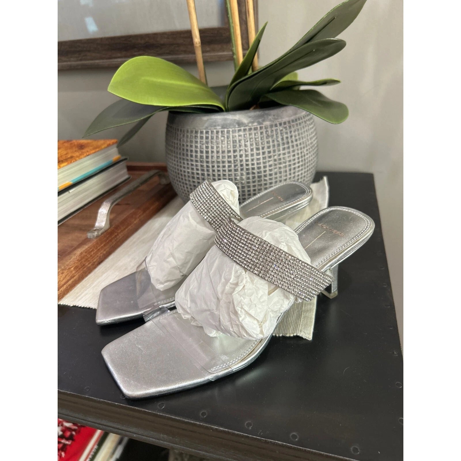 Black Suede Studio Cali SILVER Glitter Slide Sandal Womens Size 38.5