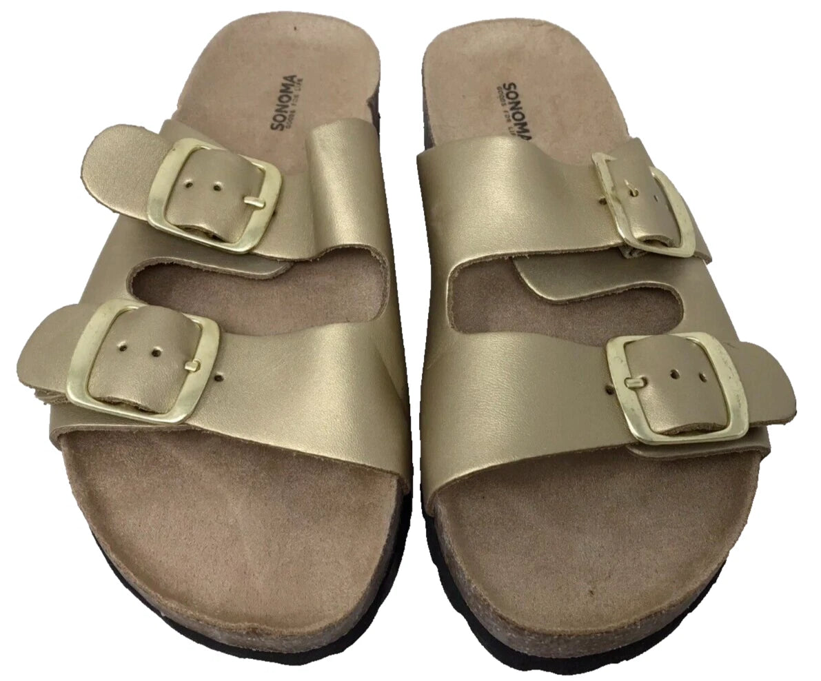Sonoma Women's Artwork Double Buckle Leather Slide Sandals Gold Size:7 201E