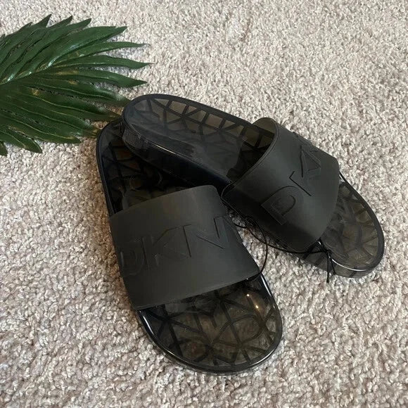 DKNY MONOGRAM Black JELLY POOL SLIDES SANDALS Style ‘Tenni’ US 5 M New