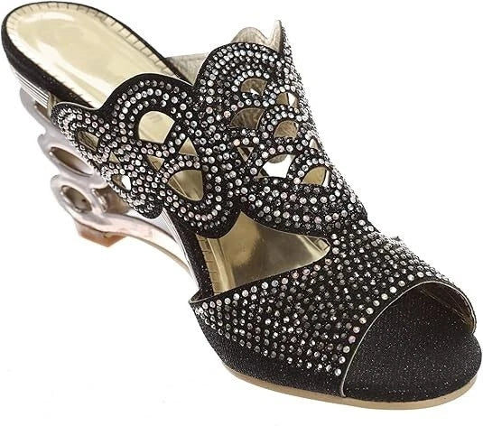 JOHN FASHION Black Rhinestone Perforated Slide Sandal Women's Size 8