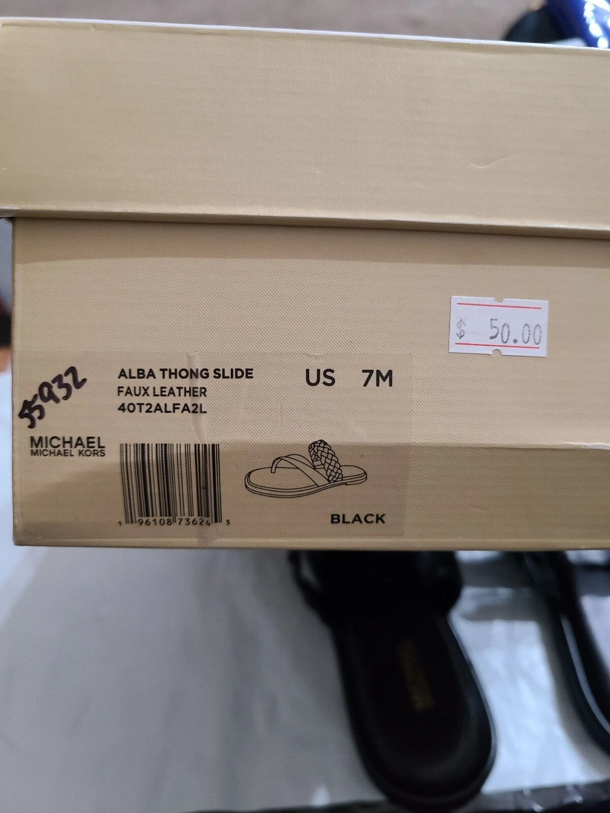 Michael Kors Alba Braided Thong Slide, Faux Leather, Black, Women's 7M, NEW