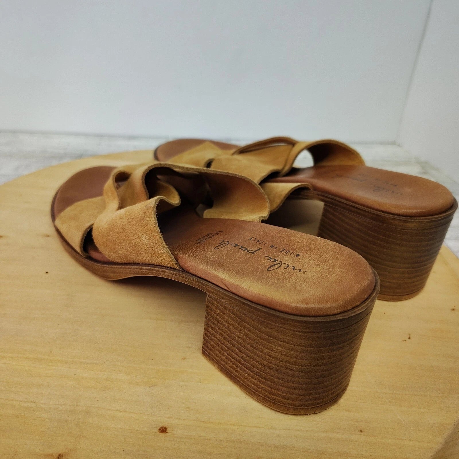 Mila Paoli Suede Mules Slides Chunky Block Heel 2.25" Sandals Italy Brown Size 8