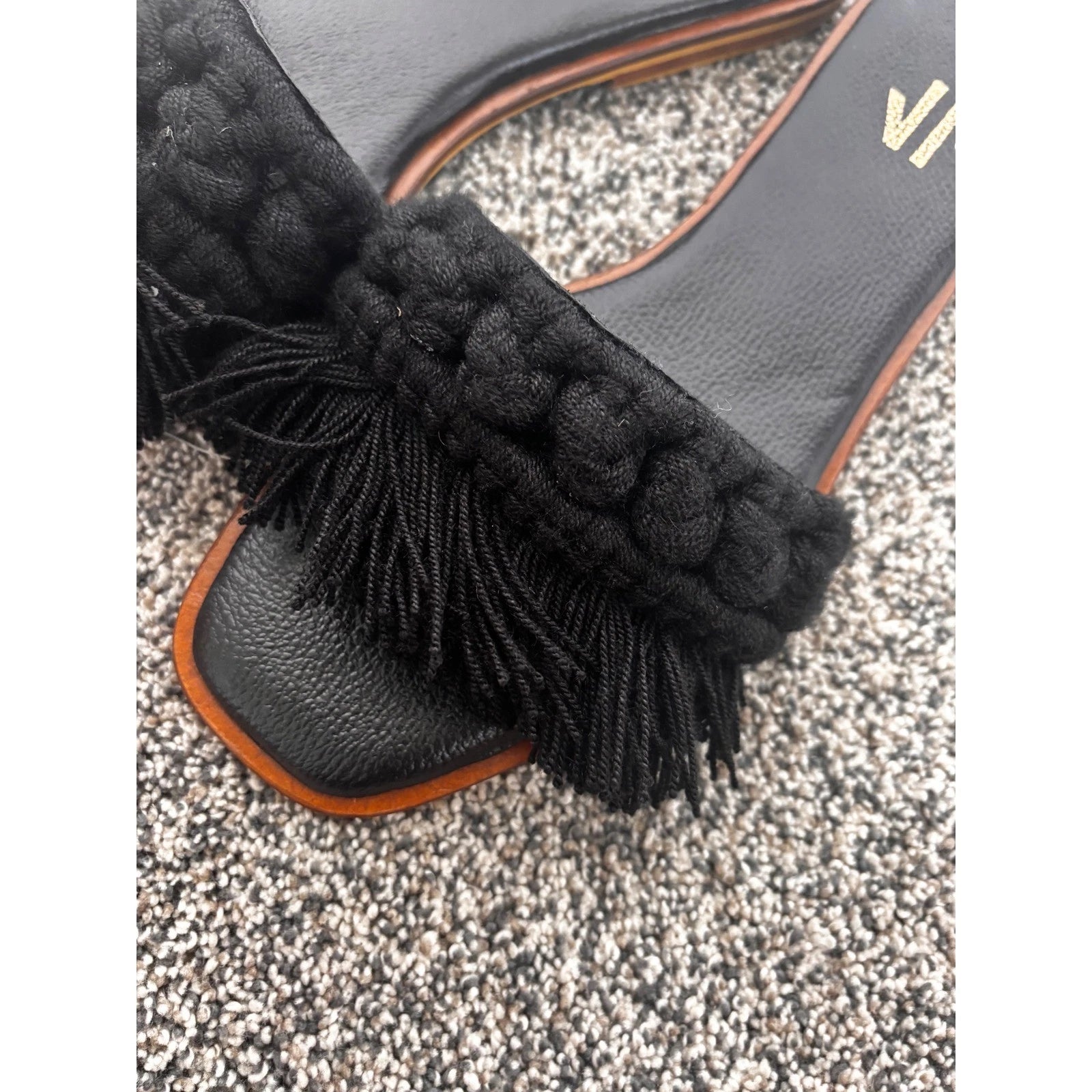 Silvia Cobos Black Candy Fringe Detail Square Toe Flat Slide Sandals