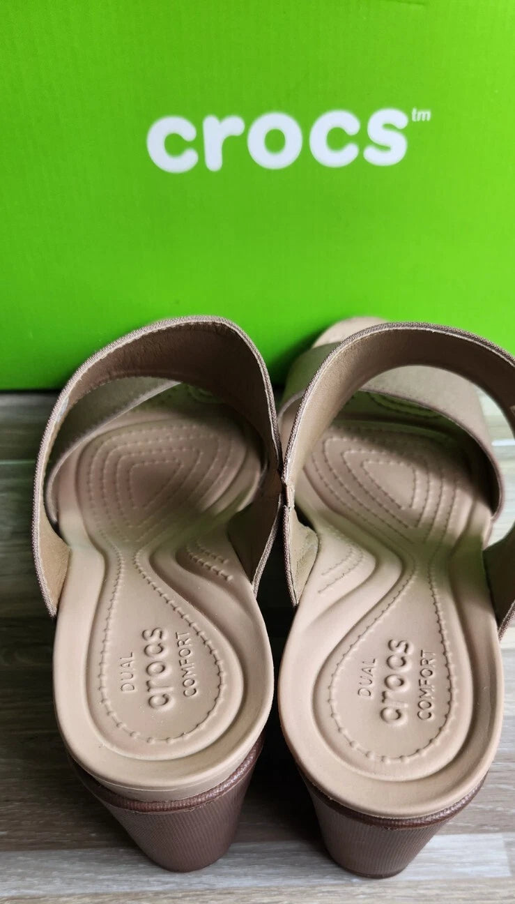 Crocs Leigh 2 Strap Wedge Sandals 11w Bronze Dual Comfort Women's Fashion Shoes