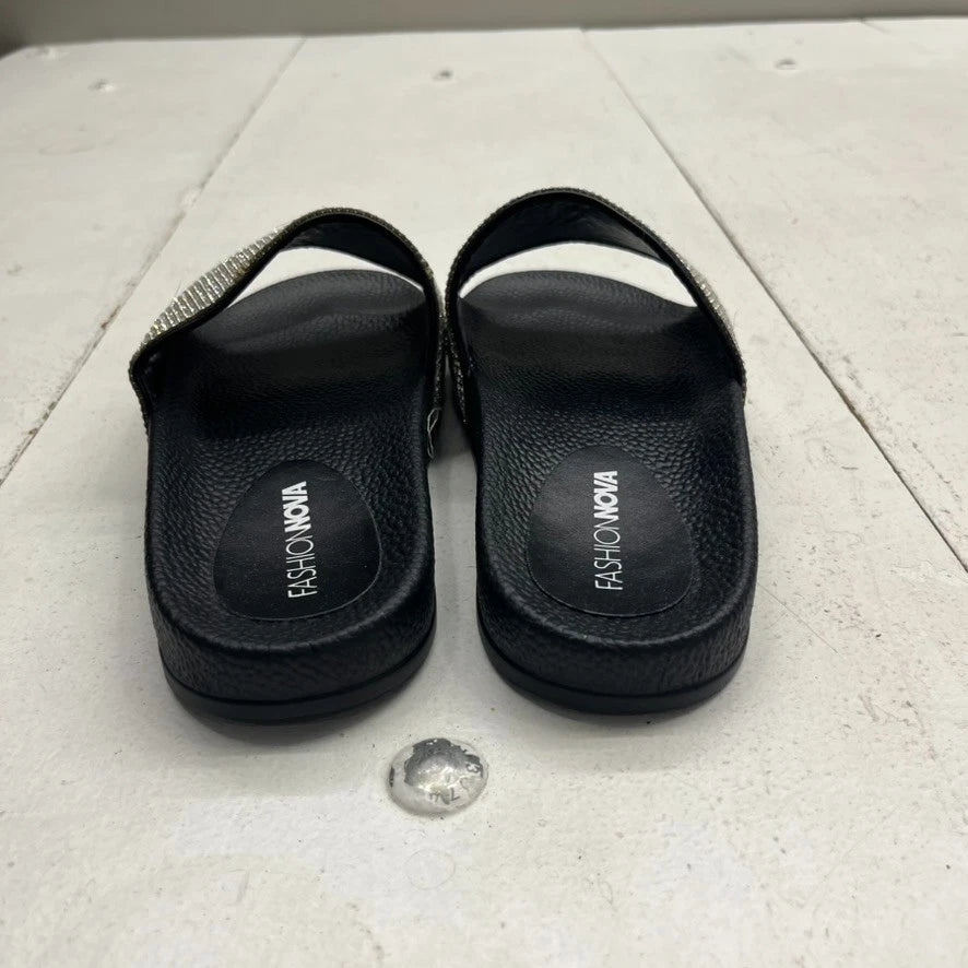 Fashion Nova Black & Silver Rhinestone Slip-On Slide Sandals Women's Size 6.5